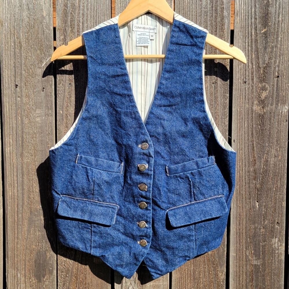VTG Calvin Klein Denim Vest Striped Back Blue Waistcoat Western Country USA M